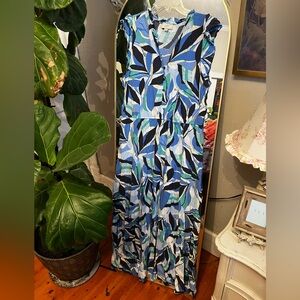 LOFT Blue and White Sleeveless V-Neck Sundress